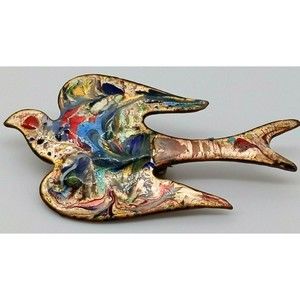 Bird Figural Brooch Pin Hand Painted Copper Tone Metal Colorful Vintage Unique!